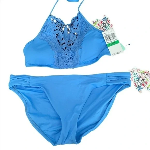Becca by Rebecca Virtue 2 Piece Crochet Halter Top Swimsuit Sz. NWT  Sz. L - Picture 9 of 13